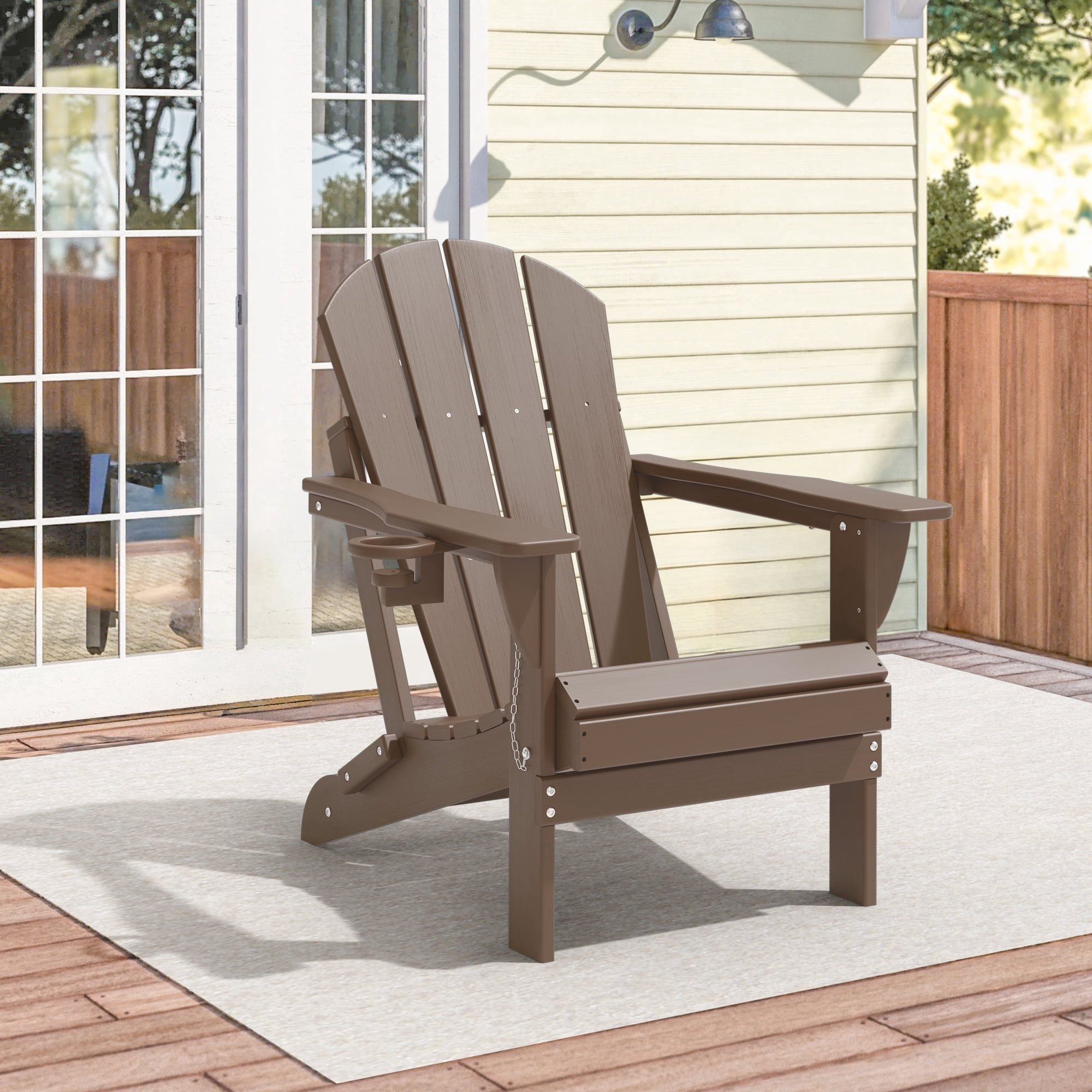 Folding Adirondack Chair, HDPE All-Weather Outdoor Patio & Firepit Chair with Ergonomic Extended Backrest & Cup Holder, Low Maintenance, Brown