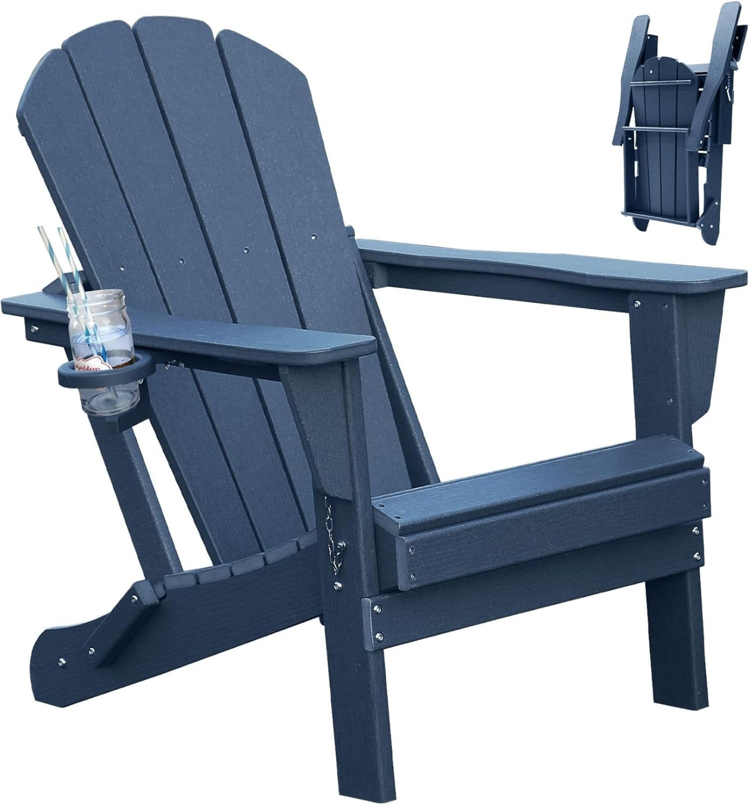 Folding Adirondack Chair, HDPE Outdoor Chair with Cup Holder, Weather Resistant Patio Chair with Wood Grain Finish for Lawn, Deck, Fire Pit, Dark Blue