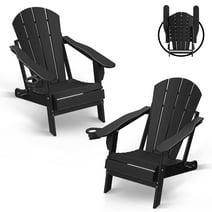 Folding Adirondack Chair HDPE Weather Resistant Patio Chairs w/Cup Holder for Fire Pit, Deck, Outdoor, Black(Set of 2)