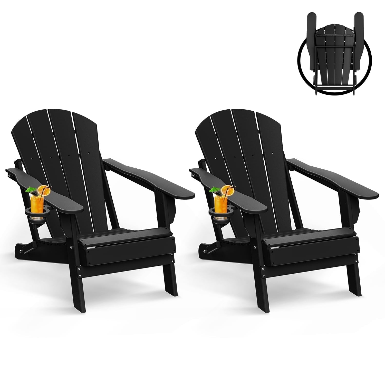 Folding Adirondack Chair HDPE Weather Resistant Patio Chairs w/Cup Holder for Fire Pit, Deck, Outdoor, Black(Set of 2)