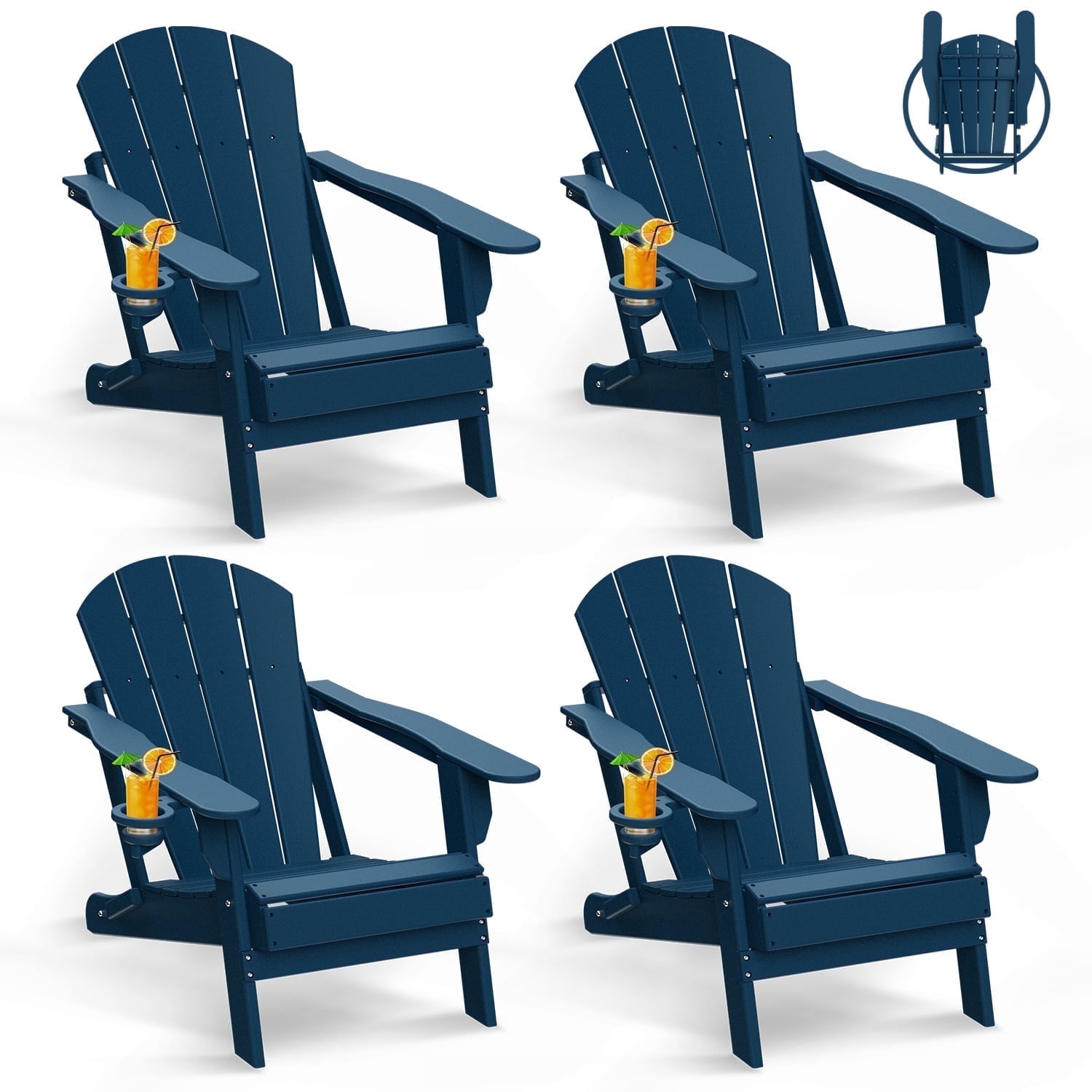 Folding Adirondack Chair HDPE Weather Resistant Patio Chairs w/Cup Holder for Fire Pit, Deck, Outdoor, Blue(Set of 4)