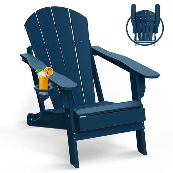 Folding Adirondack Chair HDPE Weather Resistant Patio Chairs w/Cup Holder for Fire Pit, Deck, Outdoor, Blue