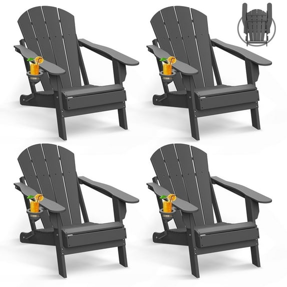 Folding Adirondack Chair HDPE Weather Resistant Patio Chairs w/Cup Holder for Fire Pit, Deck, Outdoor, Grey(Set of 4)