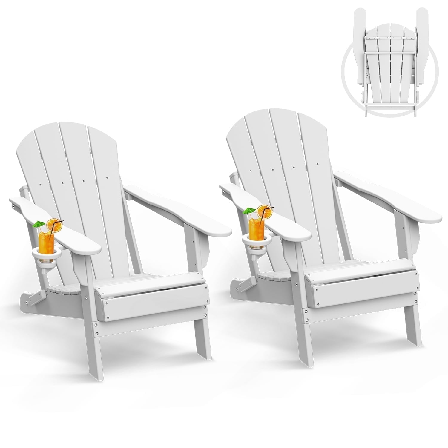 Folding Adirondack Chair HDPE Weather Resistant Patio Chairs w/Cup Holder for Fire Pit, Deck, Outdoor, White(Set of 2)