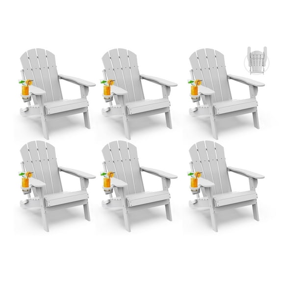 Folding Adirondack Chair HDPE Weather Resistant Patio Chairs w/Cup Holder for Fire Pit, Deck, Outdoor, White(Set of 6)