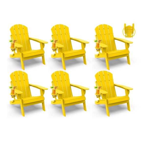 Folding Adirondack Chair HDPE Weather Resistant Patio Chairs w/Cup Holder for Fire Pit, Deck, Outdoor, Yellow(Set of 6)