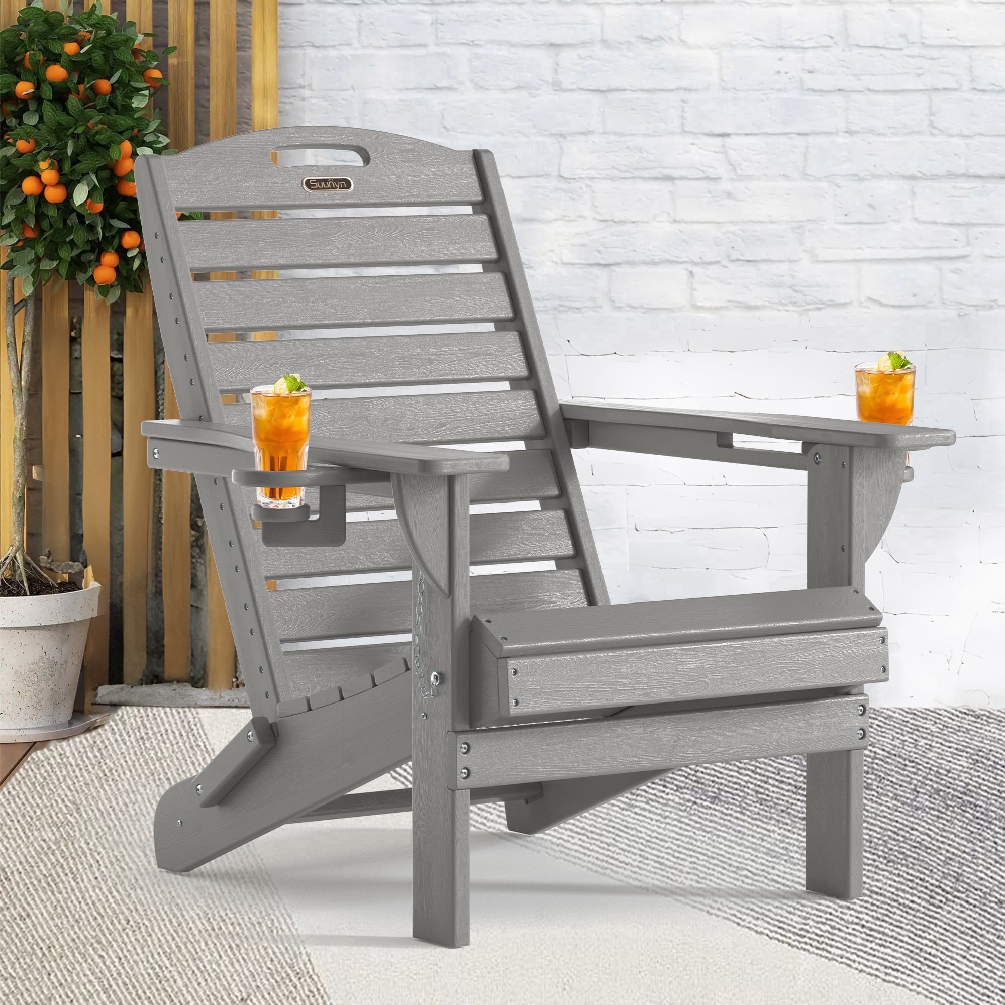 Folding Adirondack Chair Outdoor Fire Pit Chairs HDPE All-Weather with Cup Holder Patio Garden Gray