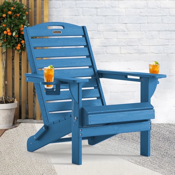 Folding Adirondack Chair Outdoor Fire Pit Chairs HDPE All-Weather with Cup Holder Patio Garden Navy
