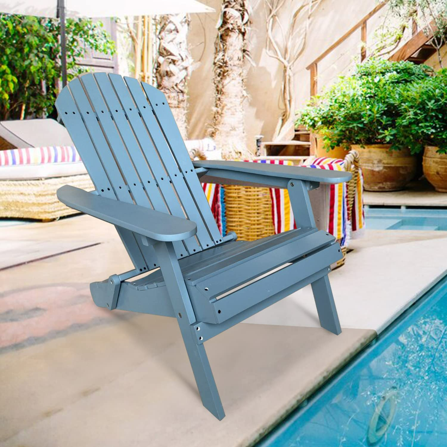 Folding Adirondack Chair Outdoor Patio Chairs Weather Resistant Plastic Fire Pit Chairs Wooden Adirondack Lounger Chair Accent Furniture for Garden Backyard, TURQUOISE