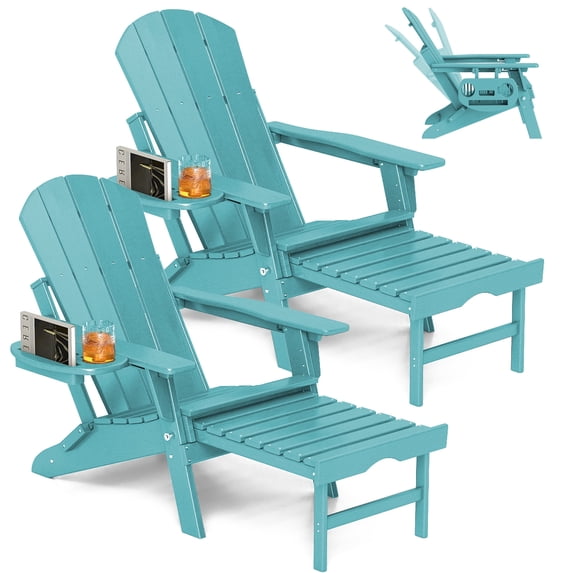 Folding Adirondack Chair with Retractable Ottoman, HDPE All-Weather Resistant Adjustable Backrest Adirondack Chair w/4 in 1 Cup Holder Trays, Aruba Blue