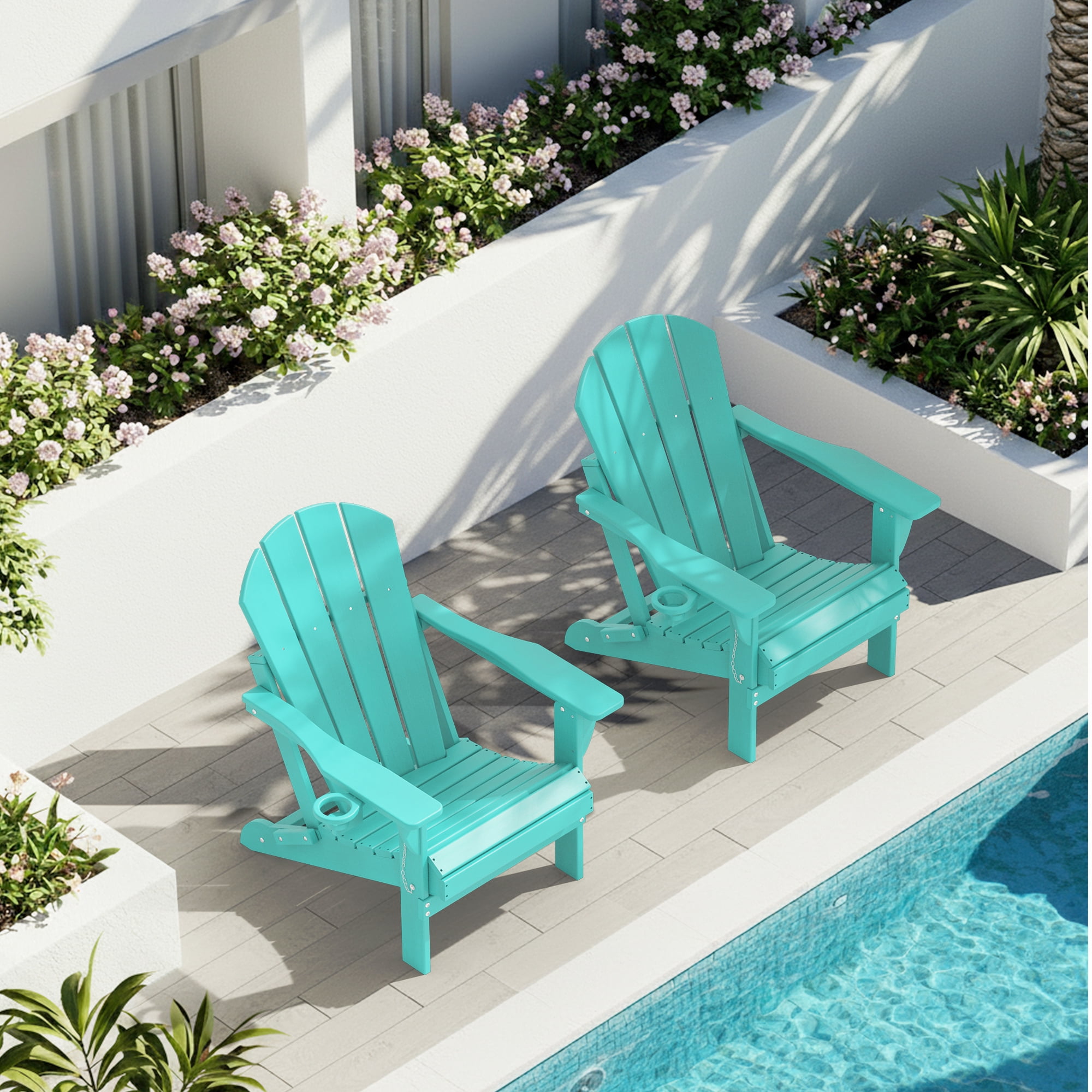 Folding Adirondack Chair Set of 2, HDPE All-Weather Outdoor Patio & Firepit Chair with Ergonomic Extended Backrest & Cup Holder, Low Maintenance, Aqua