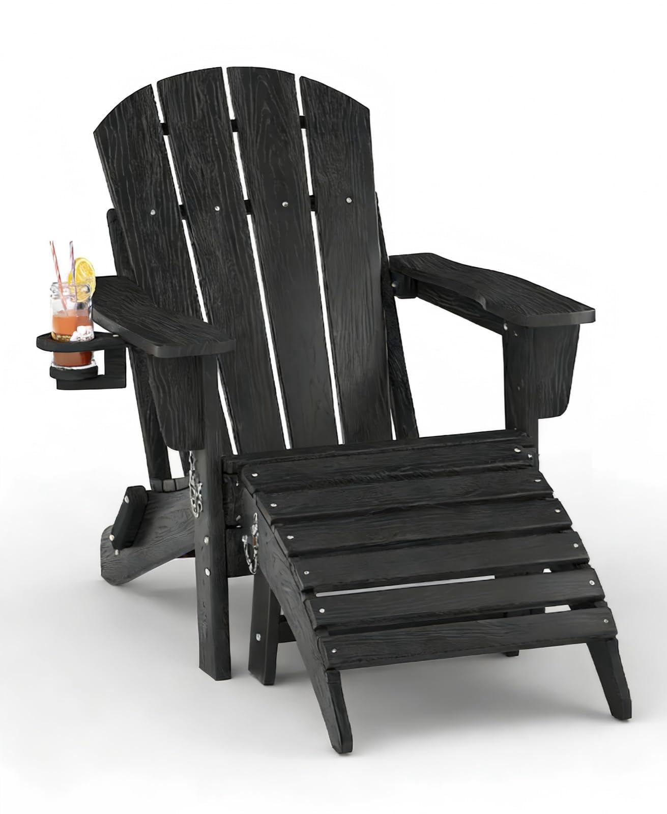 Folding Adirondack Chair Set of 2 with Ottoman, All-Weather HDPE Outdoor Chair, Wooden Textured with Cup Holder for patios, Decks, Gardens, fire pits, Black