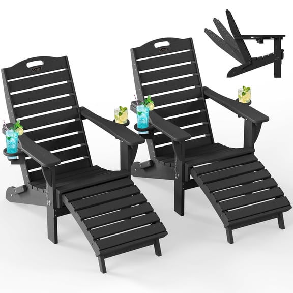 Folding Adirondack Chair Set of 2 with Retractable Ottoman Footrest, Wood Grain HDEP All Weather Fire Pit Chair with 2 Cup Holders for Outdoor, Classic Black