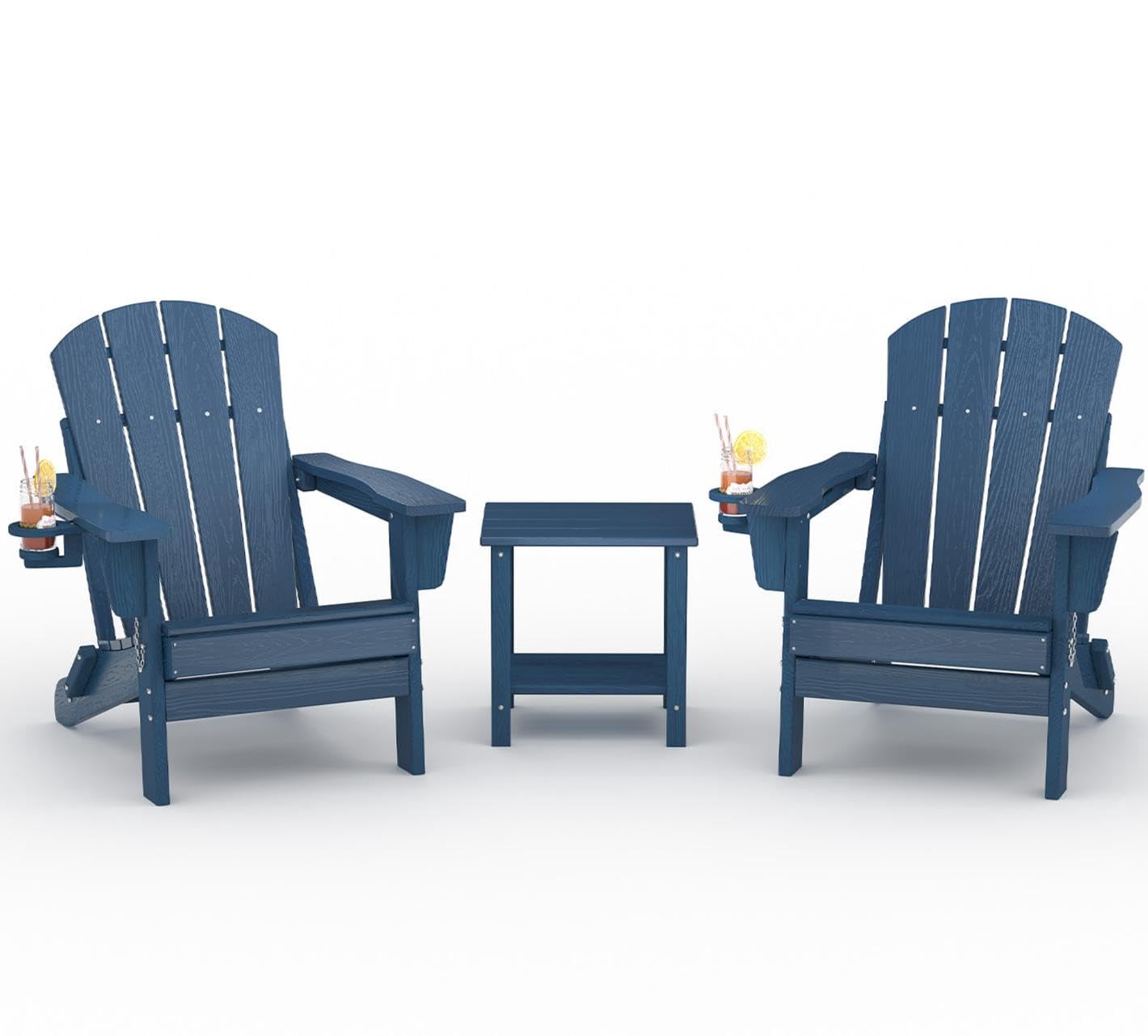 Folding Adirondack Chair Set of 2 with Side Table, All-Weather HDPE Outdoor Chair, Wooden Textured with Cup Holder for patios, Decks, Gardens, fire pits, Navy Blue