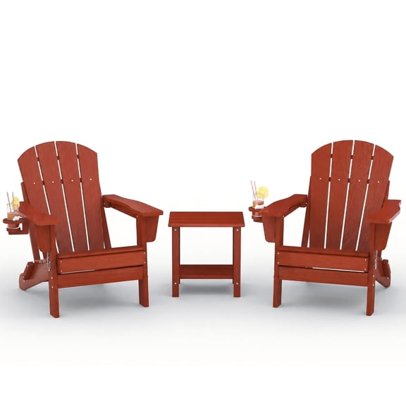 Folding Adirondack Chair Set of 2 with Side Table, HDPE Outdoor Patio Chair with Cup Holder, All Weather Resistent Wooden Textured for patios, Decks, Gardens, fire Pit, Red