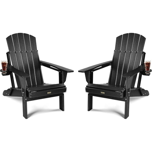 Folding Adirondack Chair Set of 2, Thicker Plate|Higher Back Plastic Adirondack Chairs with Cup Holder, Composite Chair Weather Resistant for Outdoor, Patio, Lawn, Fire Pit Chairs(Black)