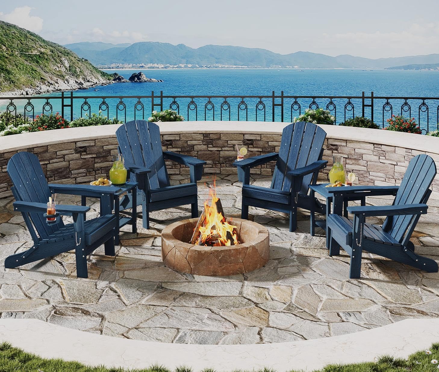 Folding Adirondack Chair Set of 4 with 2 Side Table, All-Weather HDPE Outdoor Chair, Wooden Textured with Cup Holder for patios, Decks, Gardens, fire pits, Navy Blue