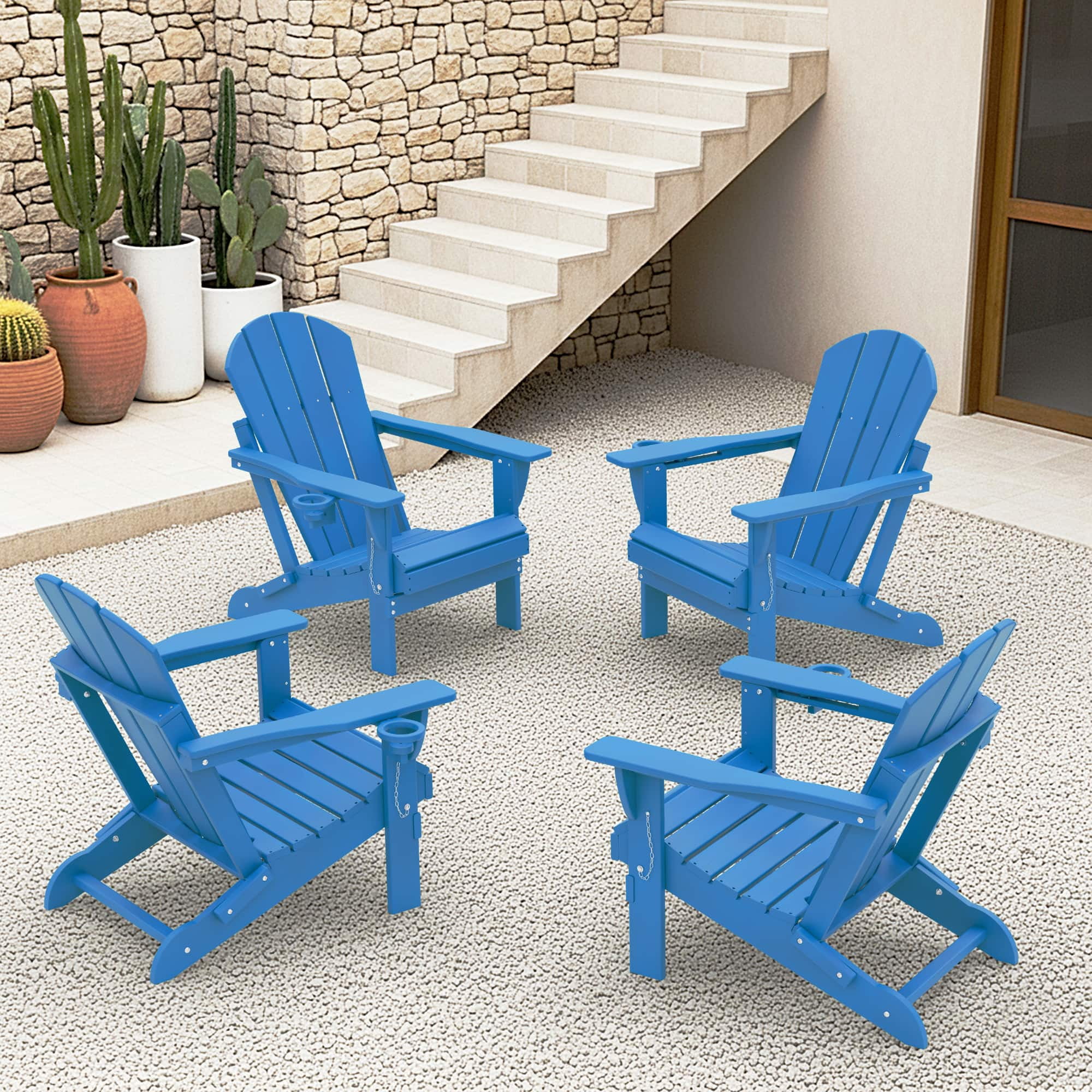 Folding Adirondack Chair Set of 4, HDPE All-Weather Outdoor Patio & Firepit Chair with Ergonomic Extended Backrest & Cup Holder, Low Maintenance, Blue