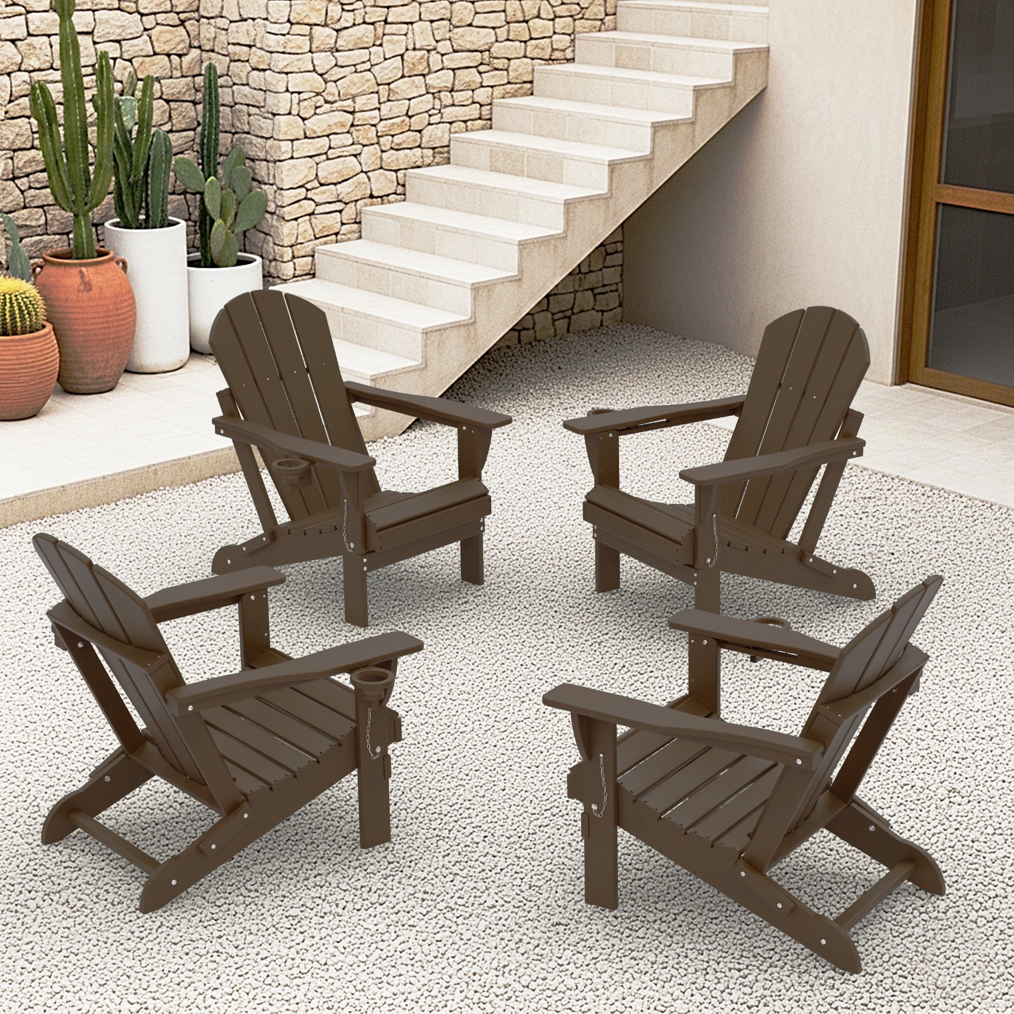 Folding Adirondack Chair Set of 4, HDPE All-Weather Outdoor Patio & Firepit Chair with Ergonomic Extended Backrest & Cup Holder, Low Maintenance, Brown