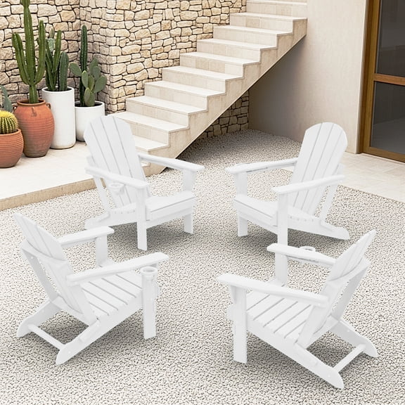 Folding Adirondack Chair Set of 4, HDPE All-Weather Outdoor Patio & Firepit Chair with Ergonomic Extended Backrest & Cup Holder, Low Maintenance, White