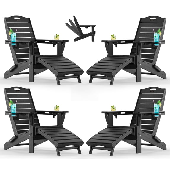 Folding Adirondack Chair Set of 4 with Retractable Ottoman Footrest, Wood Grain HDEP All Weather Fire Pit Chair with 2 Cup Holders for Outdoor, Classic Black