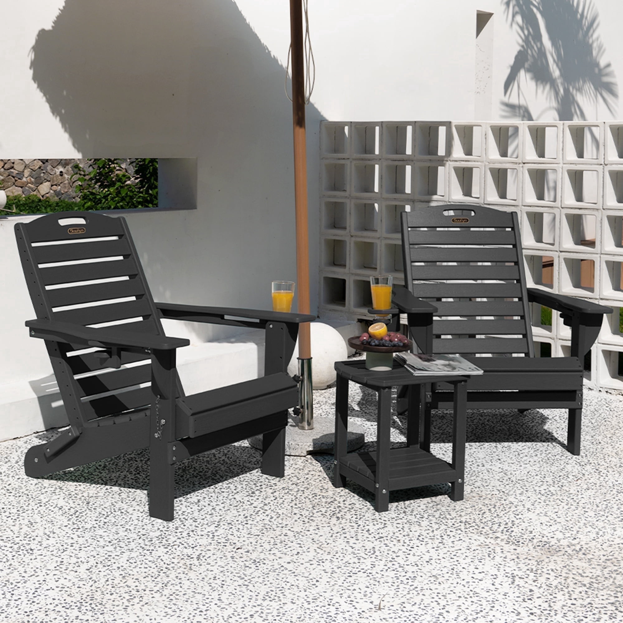 Folding Adirondack Chair Set of 2 Outdoor Fire Pit Chairs HDPE All-Weather with Cup Holder Patio Garden Black