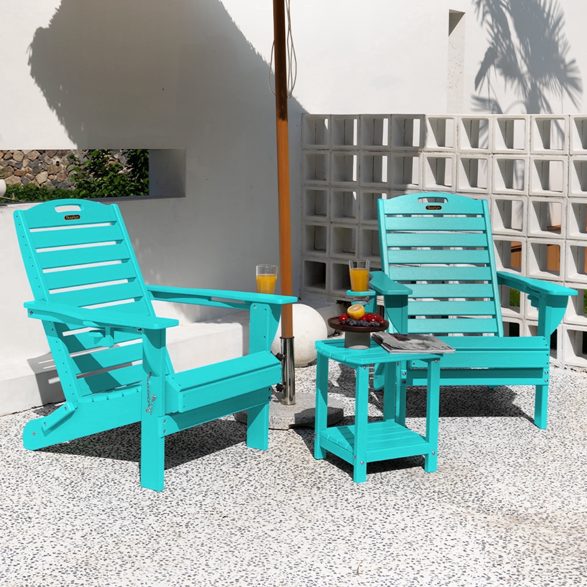 Folding Adirondack Chair Set of 2 Outdoor Fire Pit Chairs HDPE All-Weather with Cup Holder Patio Garden Blue