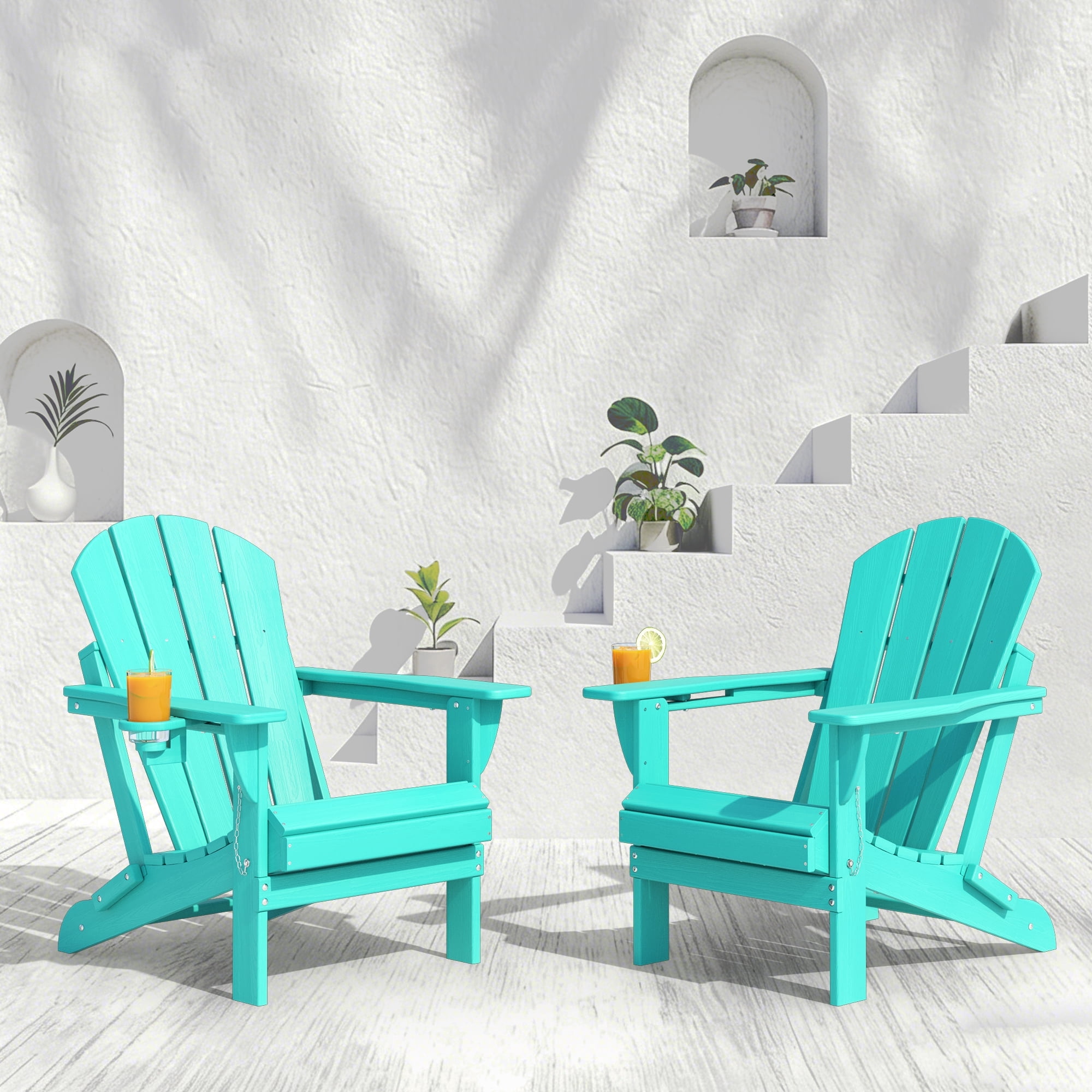 Folding Adirondack Chair Set of 2, Oversized HDPE Plastic Patio Chairs, Aqua