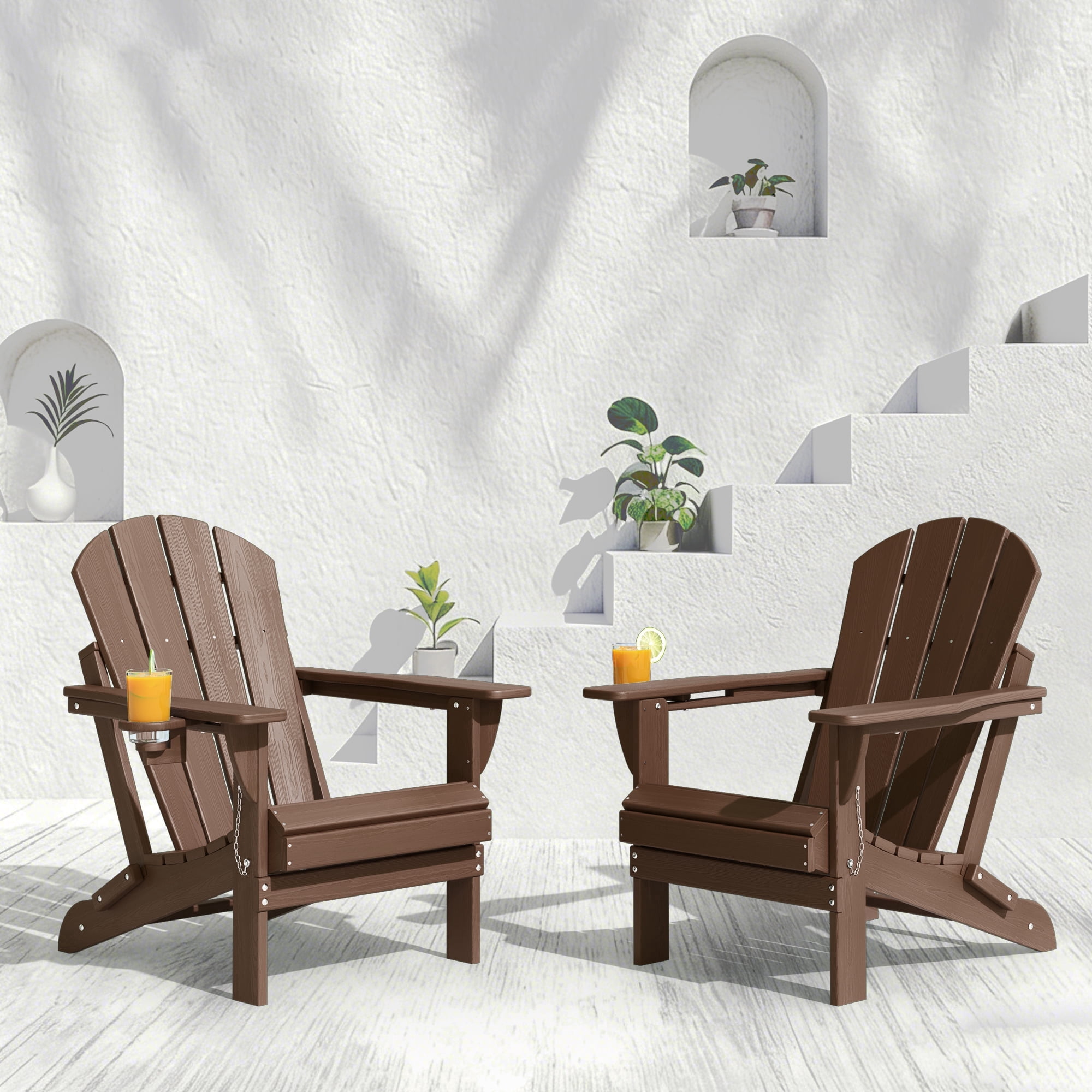 Folding Adirondack Chair Set of 2, Oversized HDPE Plastic Patio Chairs, Brown