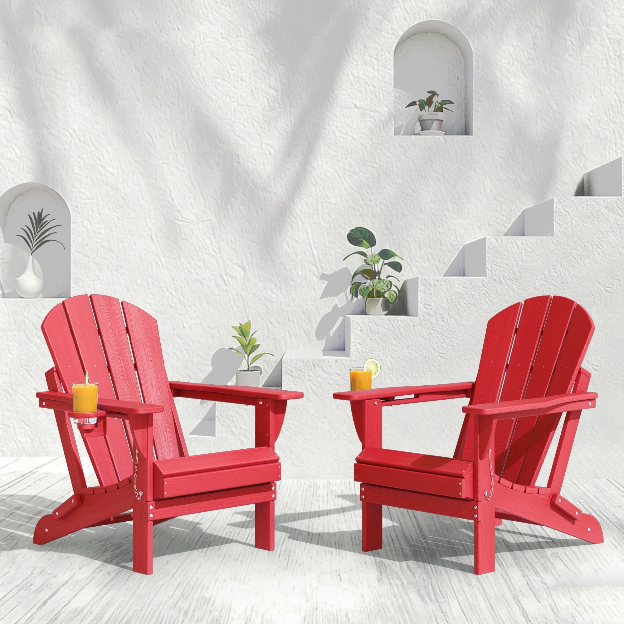 Folding Adirondack Chair Set of 2, Oversized HDPE Plastic Patio Chairs, Red
