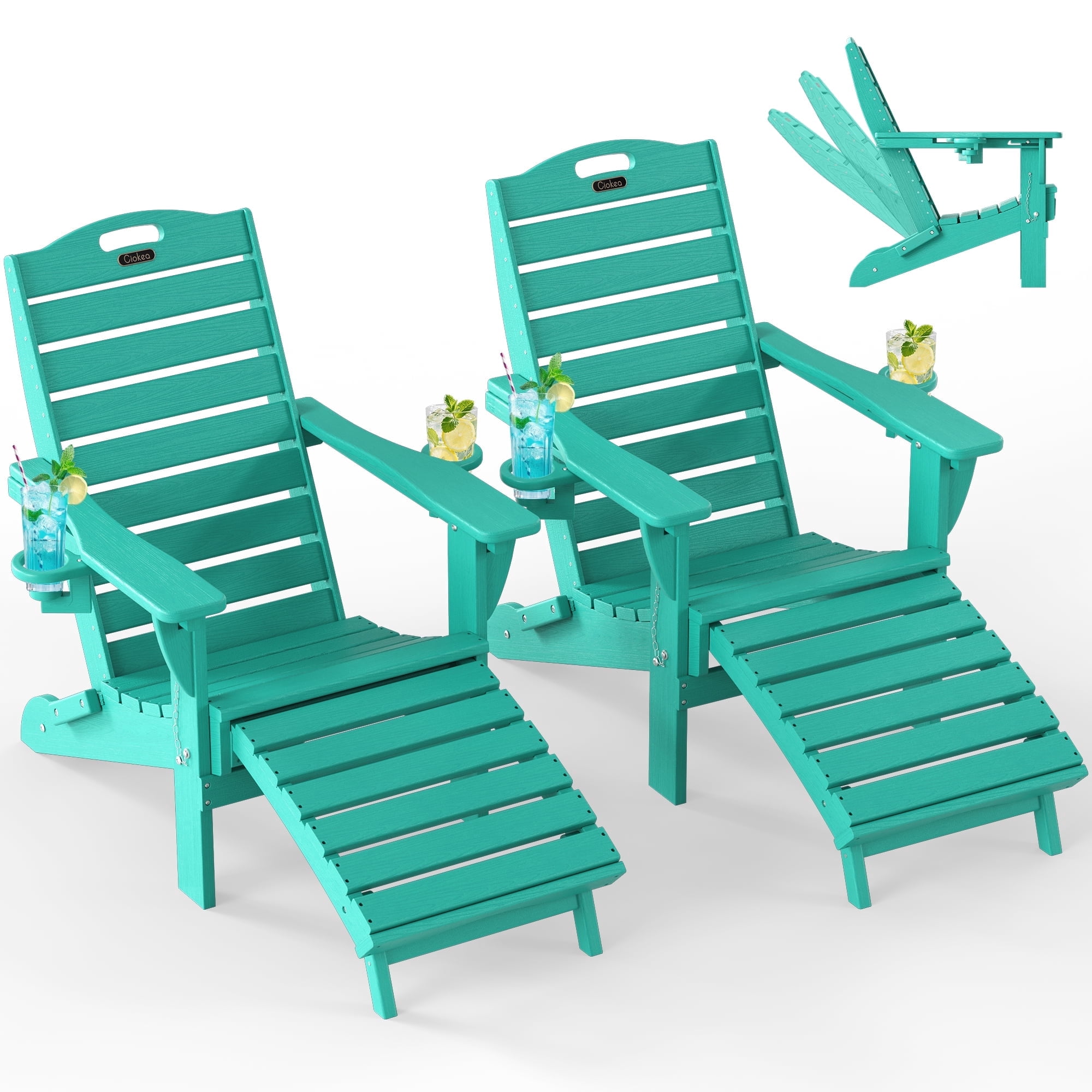 Folding Adirondack Chair Set of 2 with Retractable Ottoman Footrest, Wood Grain HDEP All Weather Fire Pit Chair with 2 Cup Holders for Outdoor, Aqua