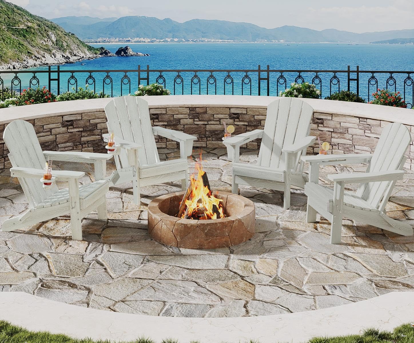 Folding Adirondack Chair Set of 4, All-Weather HDPE Outdoor Chair, Wooden Textured with Cup Holder for patios, Decks, Gardens, fire pits, White