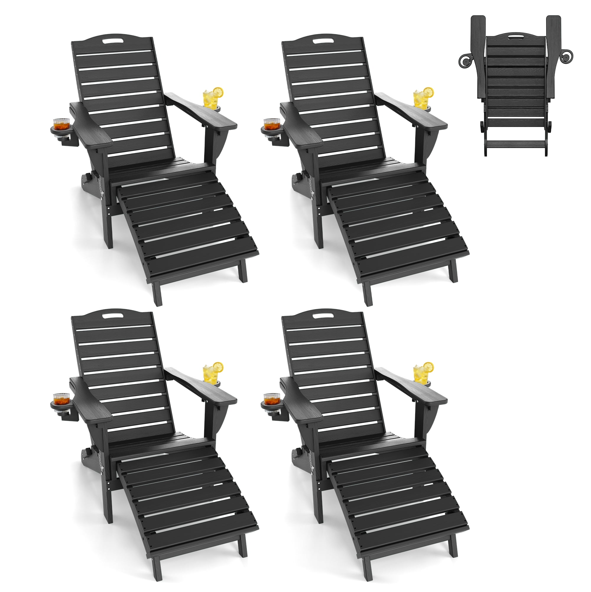 Folding Adirondack Chair Set of 4 with Retractable Ottoman Footrest, HDEP All Weather Fire Pit Chair with 2 Cup Holders for Outdoor, Classic Black