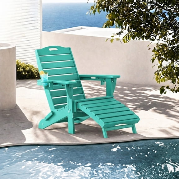 Folding Adirondack Chair w/ Ottoman, Weather-Resistant HDPE Patio Fire Pit Chair, Aqua