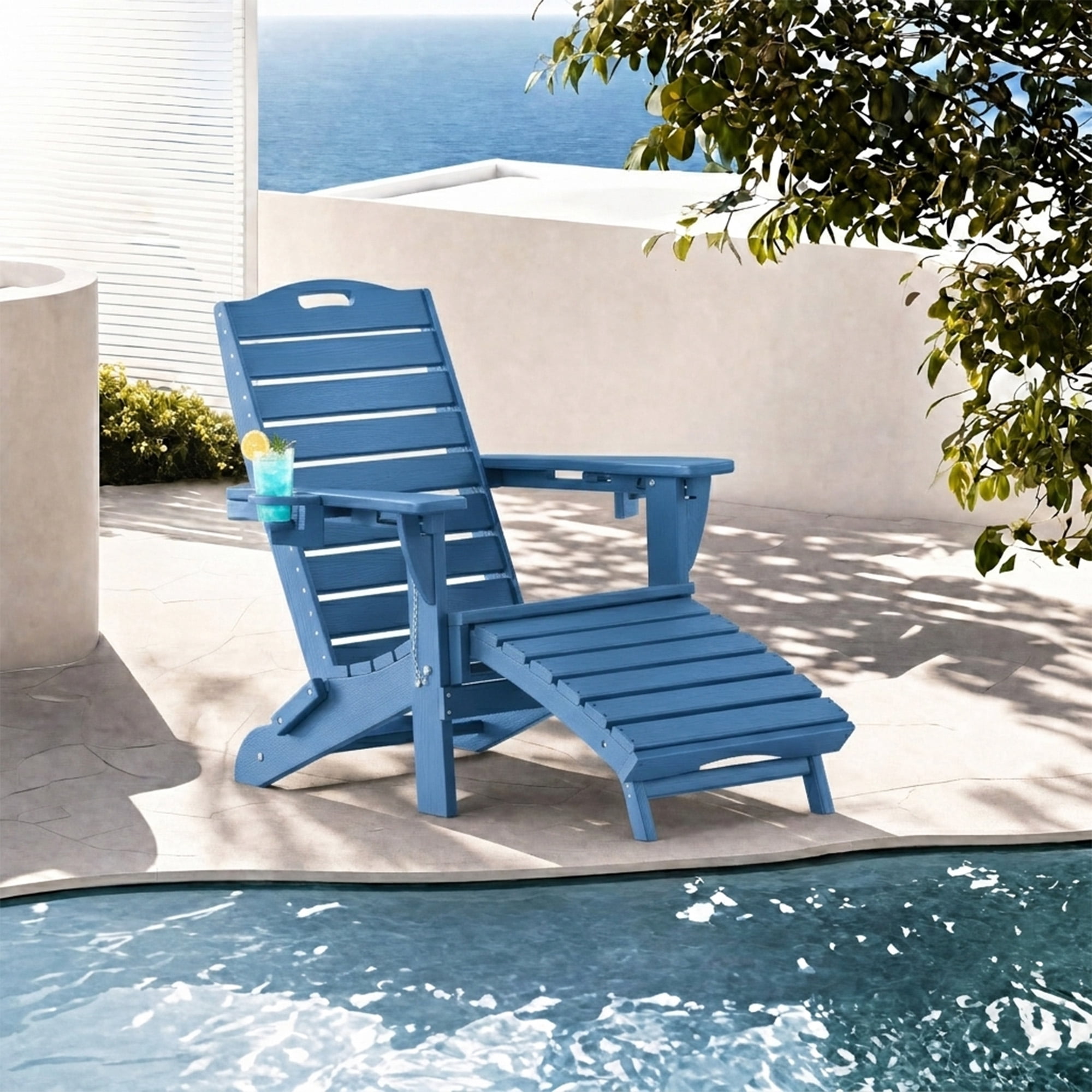 Folding Adirondack Chair w/ Ottoman, Weather-Resistant HDPE Patio Fire Pit Chair, Teak
