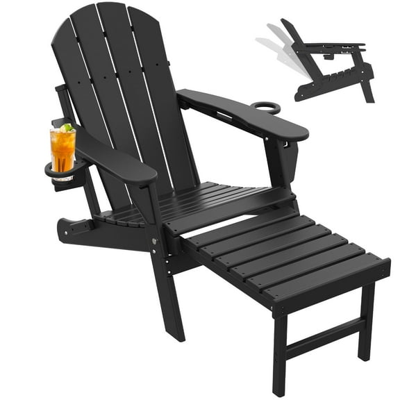 Folding Adirondack Chair with Adjustable Back&Ottoman for Deck Patio Outdoor HDPE Lawn Chair,Black