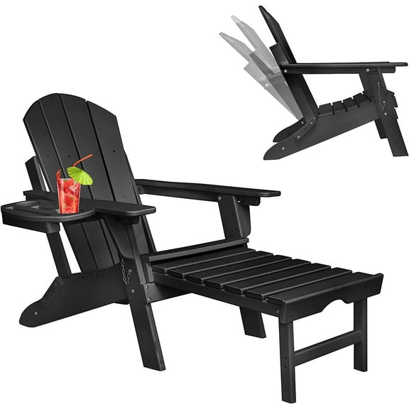 Folding Adirondack Chair with Ottoman, Adjustable Backrest Plastic HDPE Adirondack Chairs w/4 in 1 Cup Holder Tray, Black