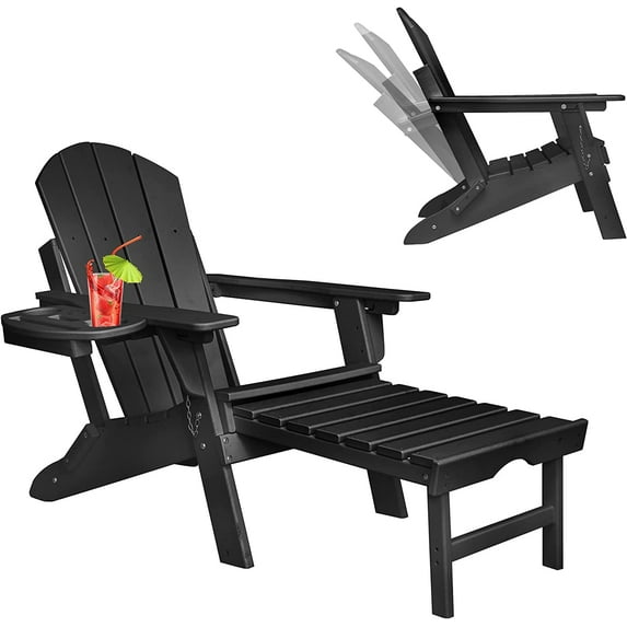 Folding Adirondack Chair with Ottoman, Adjustable Backrest Plastic HDPE Adirondack Chairs w/4 in 1 Cup Holder Tray, Black