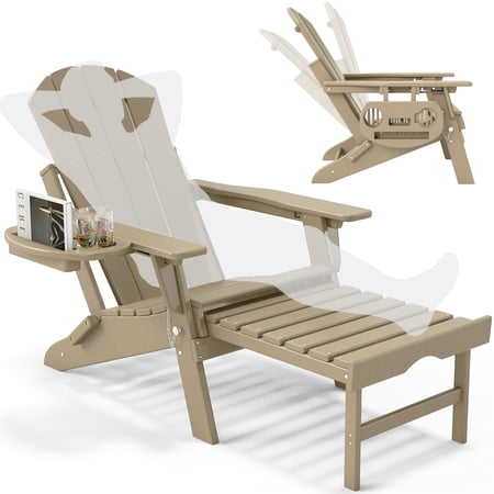 Folding Adirondack Chair with Ottoman, Adjustable Backrest Plastic HDPE Adirondack Chairs w/4 in 1 Cup Holder Tray, Brown