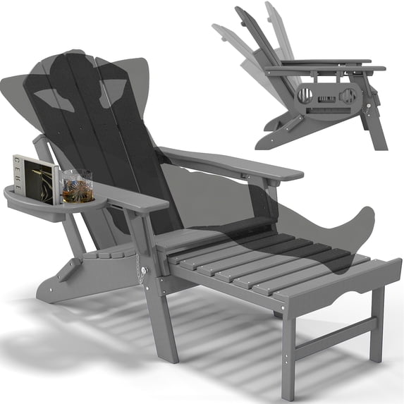 Folding Adirondack Chair with Ottoman, Adjustable Backrest Plastic HDPE Adirondack Chairs w/4 in 1 Cup Holder Tray, Gray