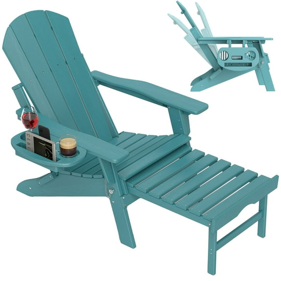 Folding Adirondack Chair with Ottoman, Adjustable Backrest Plastic HDPE Adirondack Chairs w/4 in 1 Cup Holder Tray, Lake Blue
