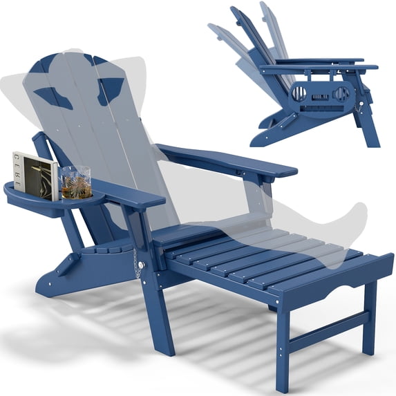 Folding Adirondack Chair with Ottoman, Adjustable Backrest Plastic HDPE Adirondack Chairs w/4 in 1 Cup Holder Tray, Navy Blue