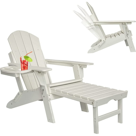 Folding Adirondack Chair with Ottoman, Adjustable Backrest Plastic HDPE Adirondack Chairs w/4 in 1 Cup Holder Tray, White
