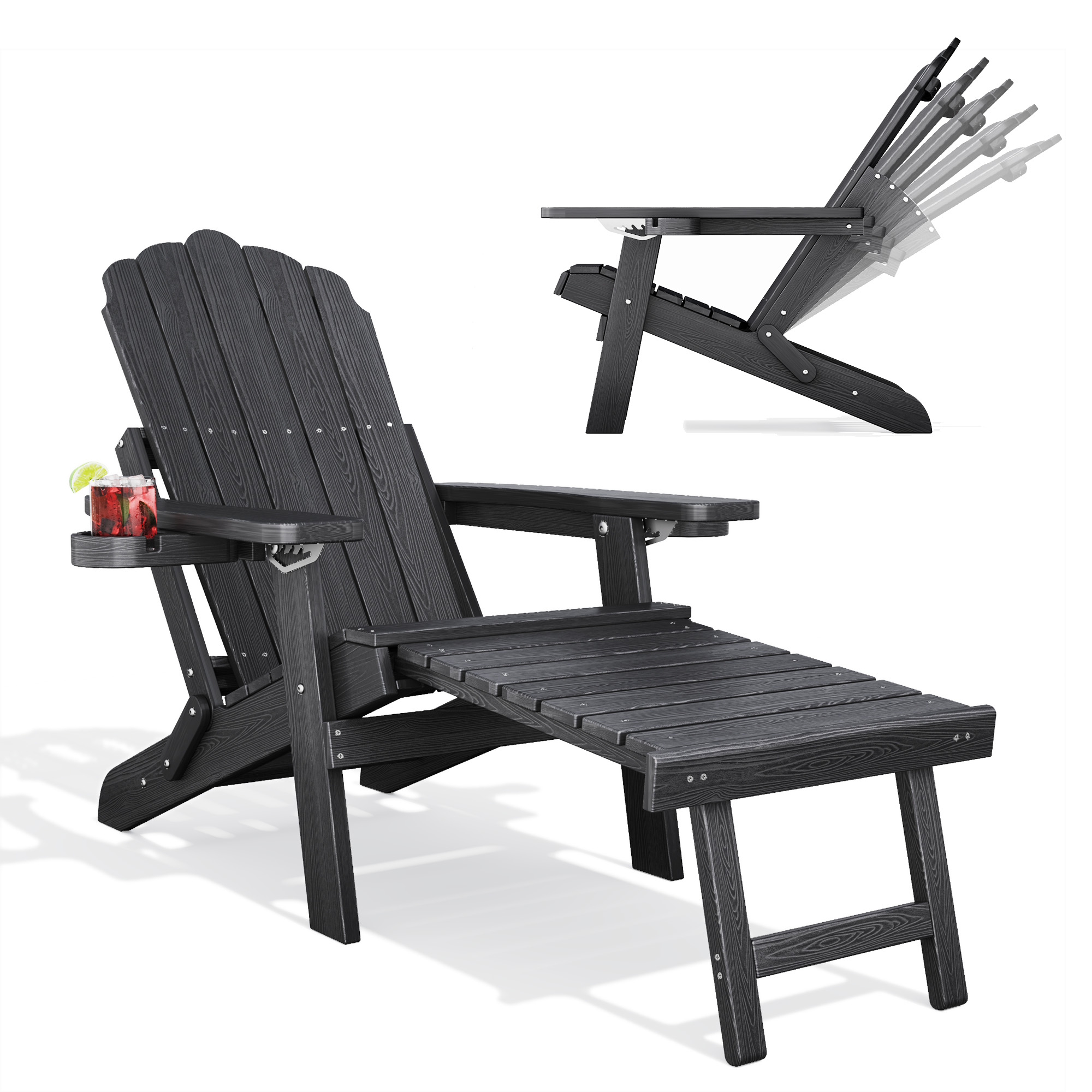Folding Adirondack Chair with Pullout Ottoman and Adjustable Backrest