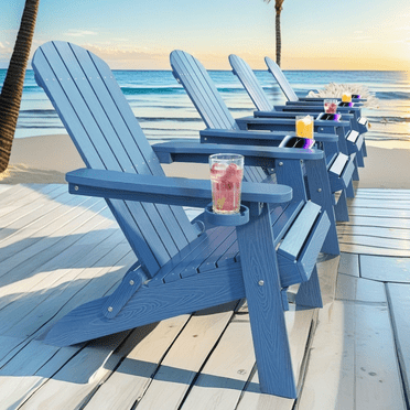 Aiho Adirondack Chair & Foldable Side Table Set - UV-Resistant Outdoor Lounge Bundle with Drink Holders, Blue