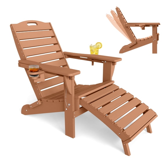 Folding Adirondack Chair with Retractable Ottoman Footrest, HDEP All Weather Fire Pit Chair with 2 Cup Holders for Outdoor, Classic Brown