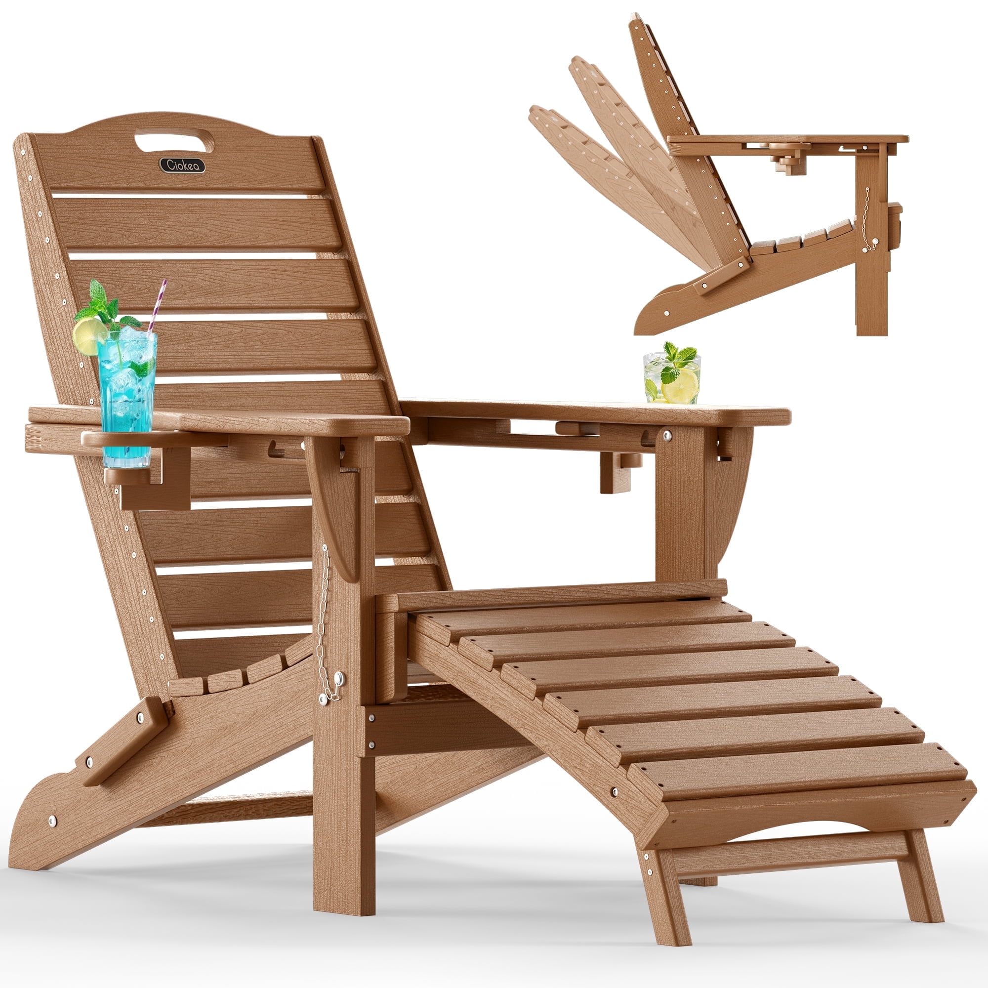 Folding Adirondack Chair with Retractable Ottoman Footrest, Wood Grain HDEP All Weather Fire Pit Chair with 2 Cup Holders for Outdoor, Classic Brown