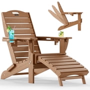 Folding Adirondack Chair with Retractable Ottoman Footrest, Wood Grain HDEP All Weather Fire Pit Chair with 2 Cup Holders for Outdoor, Classic Brown