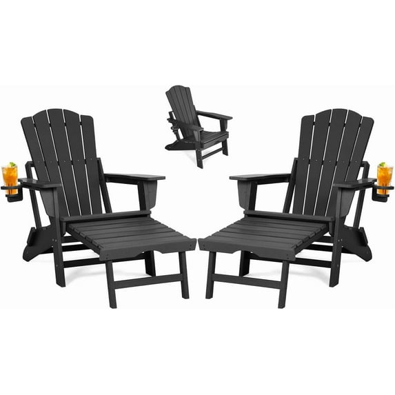 Folding Adirondack Chair with Retractable Ottoman Set of 2, All Weather Fire Pit Chairs with Cup Holder, Outdoor Chair with Ottoman,Black