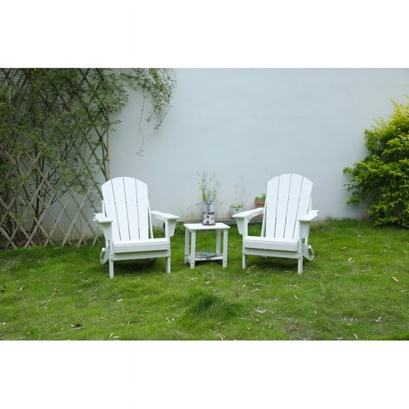 Folding Adirondack Chair with Side Table, 3-Piece Adirondack Chair Set, White (2 Chairs and 1 Table)